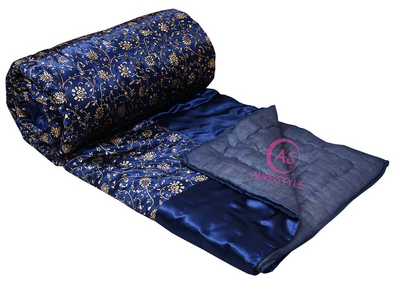 AUROSTYLE Rajasthani Cotton Filled Light Weight Silk Soft Jaipuri AC Quilt/Razai Dohar Over All Floral Print Design with Gold Print Quilts Blankets for Home (85x55 Inch,Blue Jaal Print, Single Bed) - Image 4