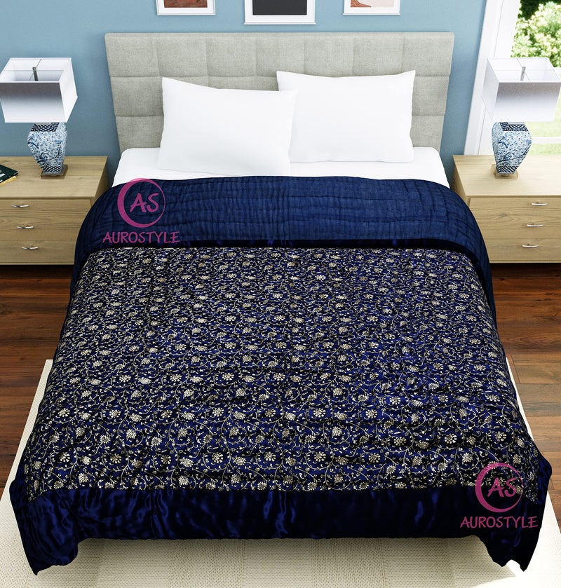 AUROSTYLE Rajasthani Cotton Filled Light Weight Silk Soft Jaipuri AC Quilt/Razai Dohar Over All Floral Print Design with Gold Print Quilts Blankets for Home (85x55 Inch,Blue Jaal Print, Single Bed) - Image 2