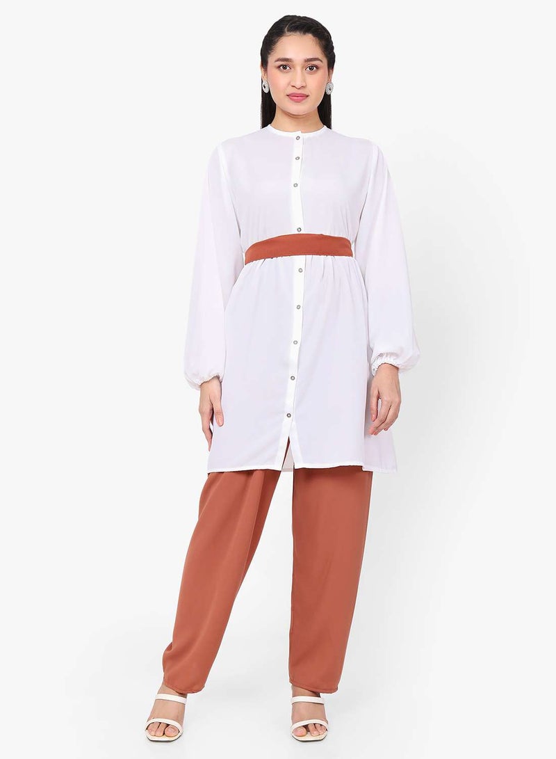 HANA & SARA MODEST TWO PIECE DRESS WITH SCARF AND BELT SOLID COLOUR ARABIC KAFTAN JALABIYA DRESS  - Image 5