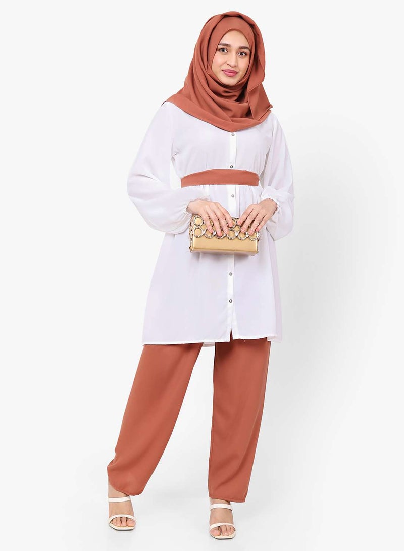 HANA & SARA MODEST TWO PIECE DRESS WITH SCARF AND BELT SOLID COLOUR ARABIC KAFTAN JALABIYA DRESS  - Image 1