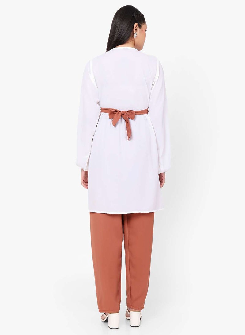 HANA & SARA MODEST TWO PIECE DRESS WITH SCARF AND BELT SOLID COLOUR ARABIC KAFTAN JALABIYA DRESS  - Image 2