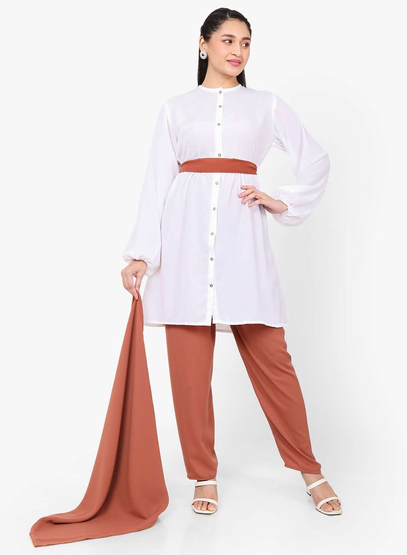 HANA & SARA MODEST TWO PIECE DRESS WITH SCARF AND BELT SOLID COLOUR ARABIC KAFTAN JALABIYA DRESS  - Image 3
