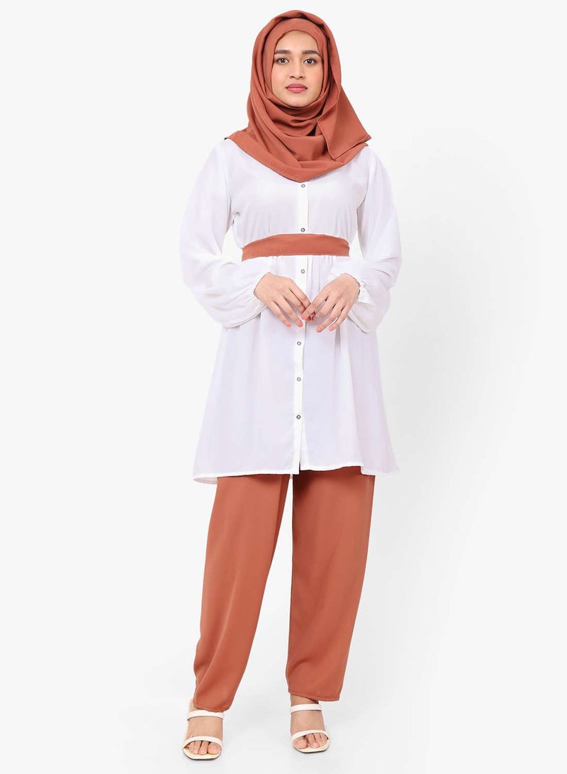 HANA & SARA MODEST TWO PIECE DRESS WITH SCARF AND BELT SOLID COLOUR ARABIC KAFTAN JALABIYA DRESS  - Image 4