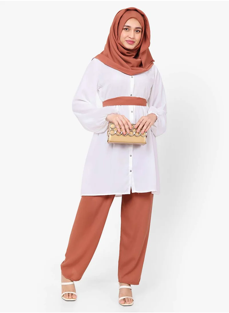 HANA & SARA MODEST TWO PIECE DRESS WITH SCARF AND BELT SOLID COLOUR ARABIC KAFTAN JALABIYA DRESS