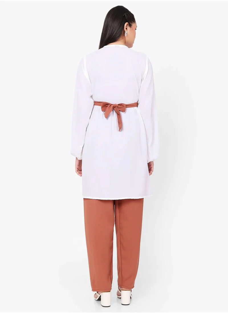 HANA & SARA MODEST TWO PIECE DRESS WITH SCARF AND BELT SOLID COLOUR ARABIC KAFTAN JALABIYA DRESS