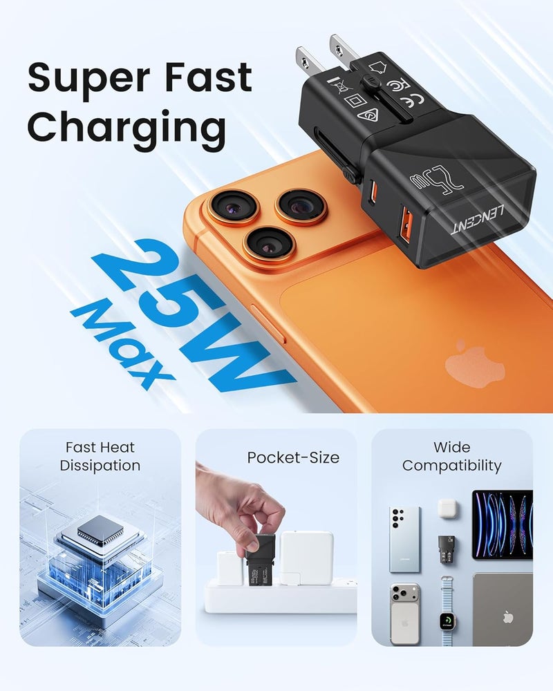 لينسينت محول الطاقة الدولي للسفر من LENCENT، شاحن USB C جيب مصغر، شحن سريع PD 25W و QC 3.0 من نوع C، محول مخرج، كتلة شاحن جوال عالمي مع مقابس المملكة المتحدة والولايات المتحدة والاتحاد الأوروبي وأوروبا وأستراليا - Image 3