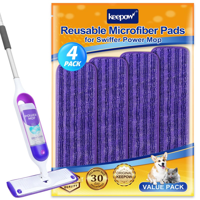 KEEPOW Reusable Power Mop Refill Pads for Swiffer Power Mop  Powermop Mopping Pad Refills for Wood Floor Cleaning  Machine Washable Microfiber Mop Pads for Wet and Dry Use  4 Pack - Image 1