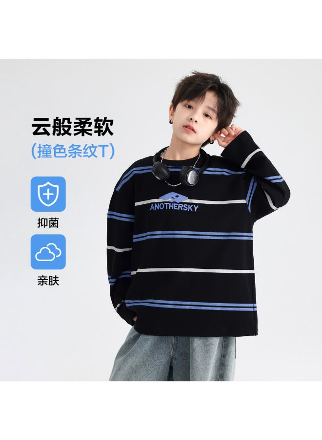 Boys' Autumn And Winter Korean Style Striped Sports Long-sleeved T-shirt  New Model Youth And Children's Spring Pure Cotton Top