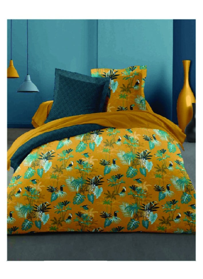 Home-Tex Design King Size 100% Cotton 6 Piece Bed Set with reversible Duvet cover - 1 Navy Blue Flat Sheet 240x260 cm 1 Printed Duvet Cover 240x200 cm 4 Pillows 50x80 cm Design Orparadis  - Image 1