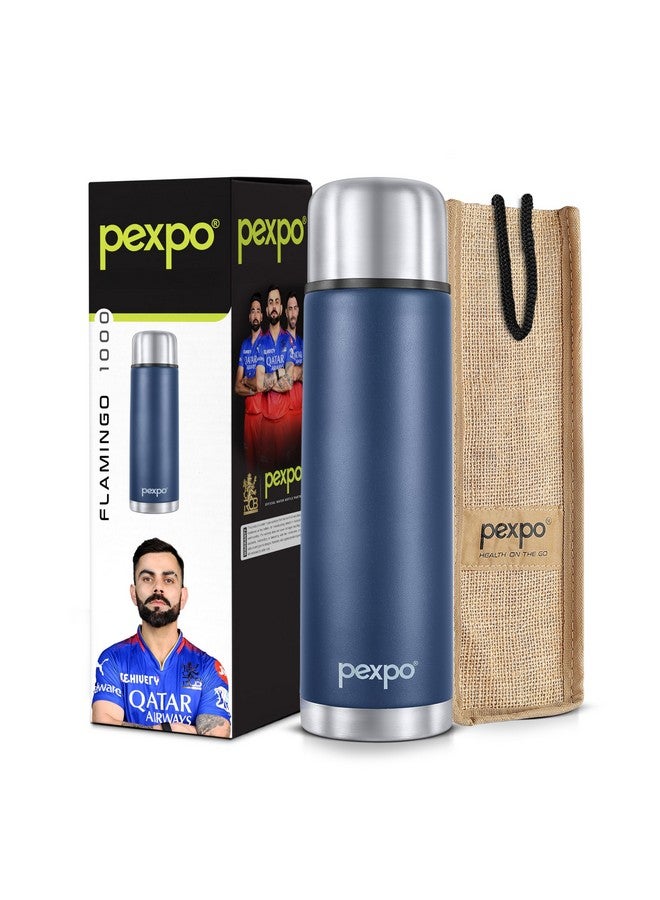 PEXPO Flamingo Pro ISI Certified Stainless Steel Water Bottle with Jute Bag 1000ml Hot & Cold Thermos Water Bottle | Insulated Water Bottle | Travelling | Outing | Trekking | RCB Edition - Denim Blue - Image 1