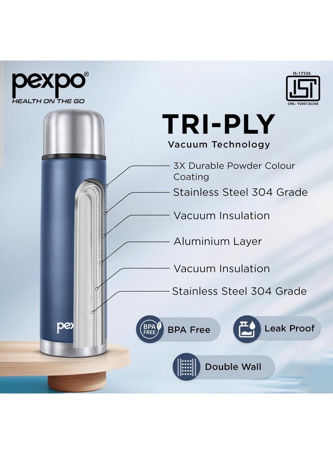 PEXPO Flamingo Pro ISI Certified Stainless Steel Water Bottle with Jute Bag 1000ml Hot & Cold Thermos Water Bottle | Insulated Water Bottle | Travelling | Outing | Trekking | RCB Edition - Denim Blue - Image 3