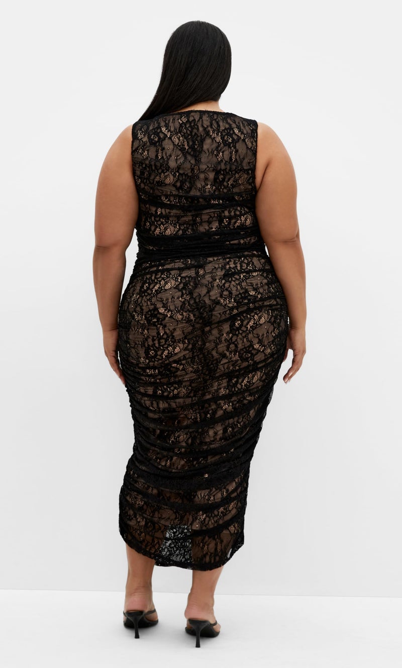 City Chic Women's Plus Size Dress-Halo Ruched Lace Midi, Black - Image 4