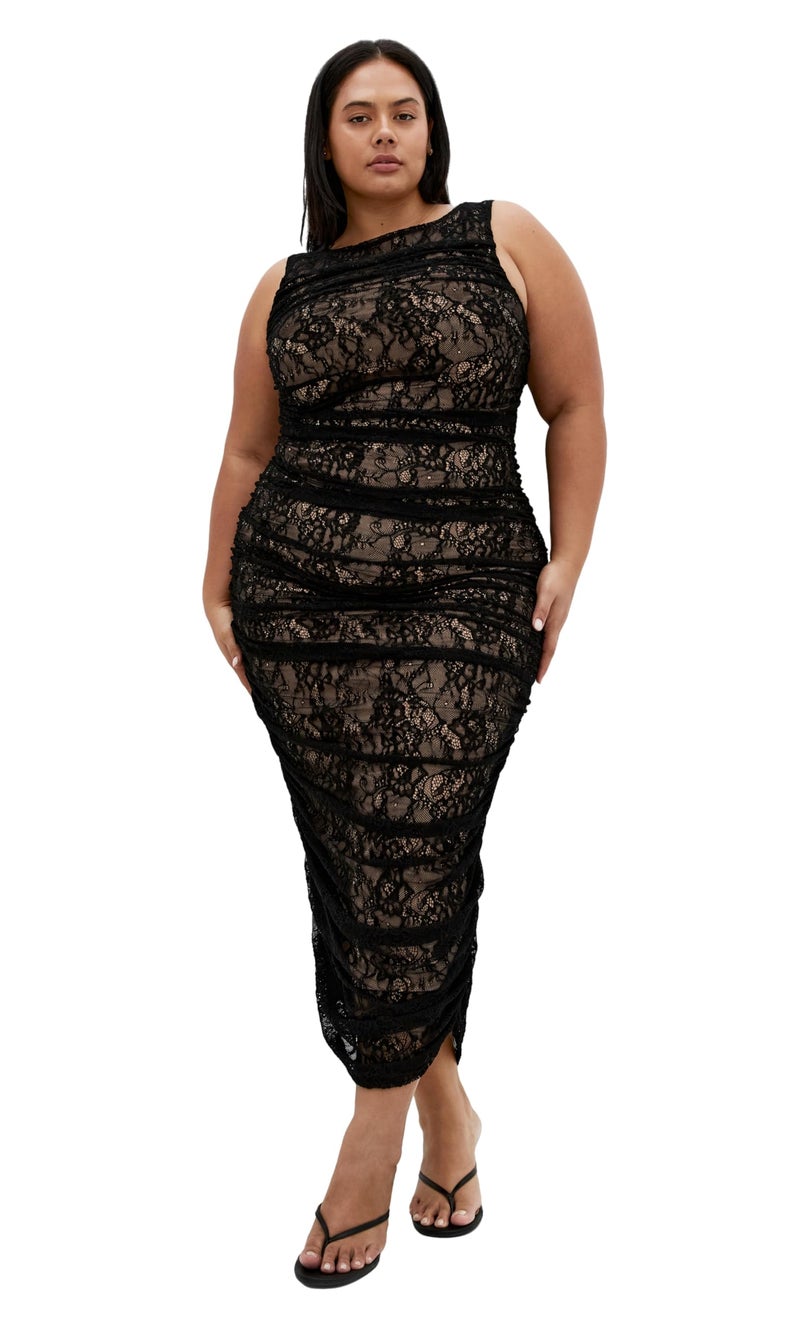 City Chic Women's Plus Size Dress-Halo Ruched Lace Midi, Black - Image 1