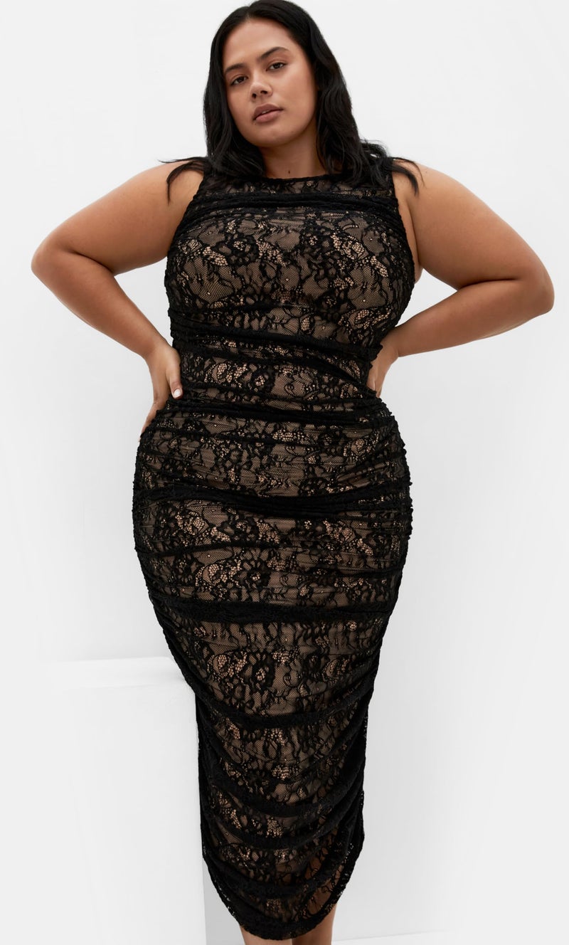 City Chic Women's Plus Size Dress-Halo Ruched Lace Midi, Black - Image 2