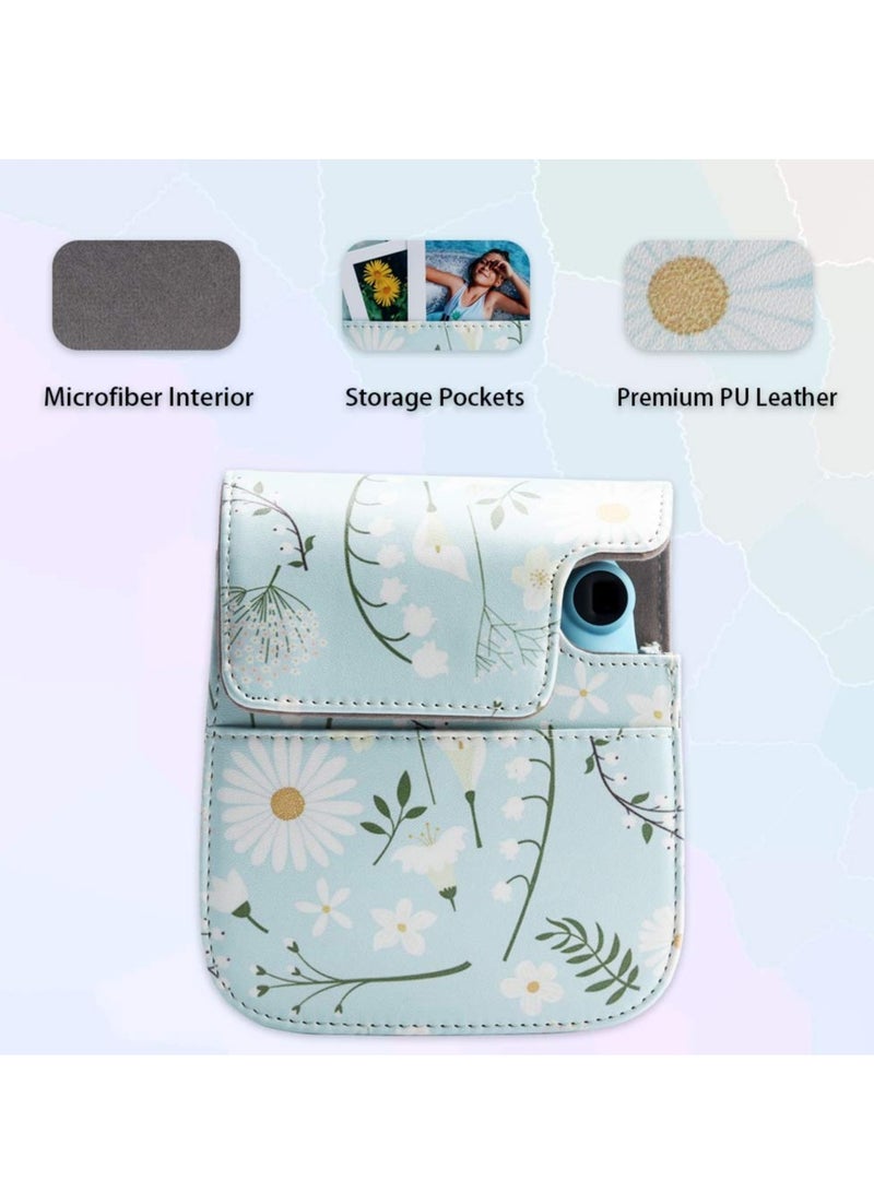 SOLARAE Camera Bag Camera Protection Bag Vintage Floral PU Leather Camera Storage Bag with Shoulder Strap for Instax Mini 11 Fresh Green Small Daisy Camera Bag - Image 4