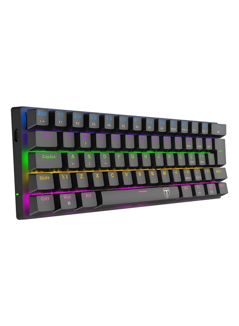 تي-داجر لوحة مفاتيح الألعاب الميكانيكية Arena TGK321 بنسبة 60%، 61 مفتاحًا بمفاتيح زرقاء وإضاءة خلفية RGB بألوان قوس قزح، لوحة مفاتيح سلكية صغيرة الحجم بمنفذ USB من النوع C، أغطية مفاتيح مزدوجة الطبقة، تصميم مفاتيح عائمة، متانة تصل إلى 50 مليون ضغطة، لون أسود - Image 1