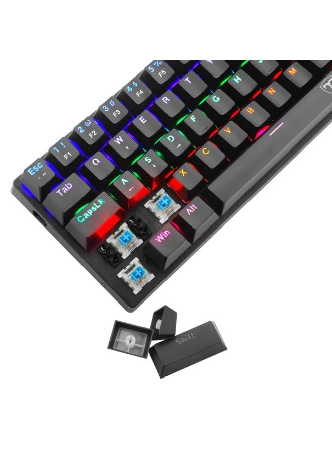 تي-داجر لوحة مفاتيح الألعاب الميكانيكية Arena TGK321 بنسبة 60%، 61 مفتاحًا بمفاتيح زرقاء وإضاءة خلفية RGB بألوان قوس قزح، لوحة مفاتيح سلكية صغيرة الحجم بمنفذ USB من النوع C، أغطية مفاتيح مزدوجة الطبقة، تصميم مفاتيح عائمة، متانة تصل إلى 50 مليون ضغطة، لون أسود - Image 3