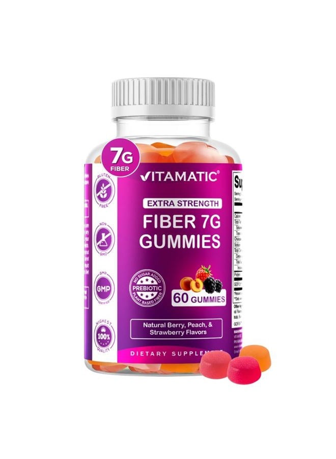 Vitamatic Prebiotic Fiber Gummies for Adults - 7G Fiber Extra Strength - Zero Sugar Added - 60 Pectin Based Gummies - Digestive Health & Regularity Support - Image 1