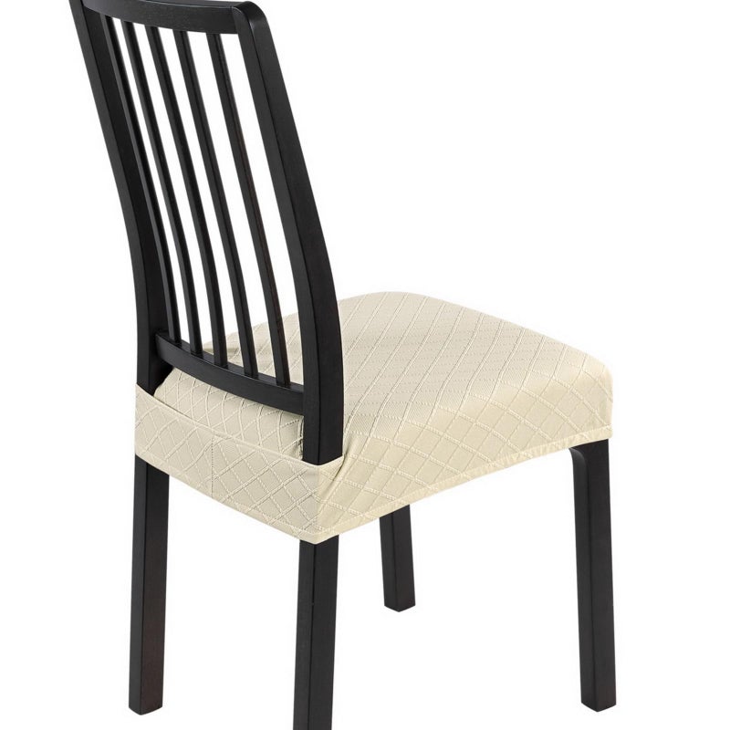 SearchI Stretch Dining Chair Seat Covers Set of 6 Soft Removable Washable Seat Covers for Dining Chairs Dining Room Seat Cover Protector RearCovered Check Jacquard Beige