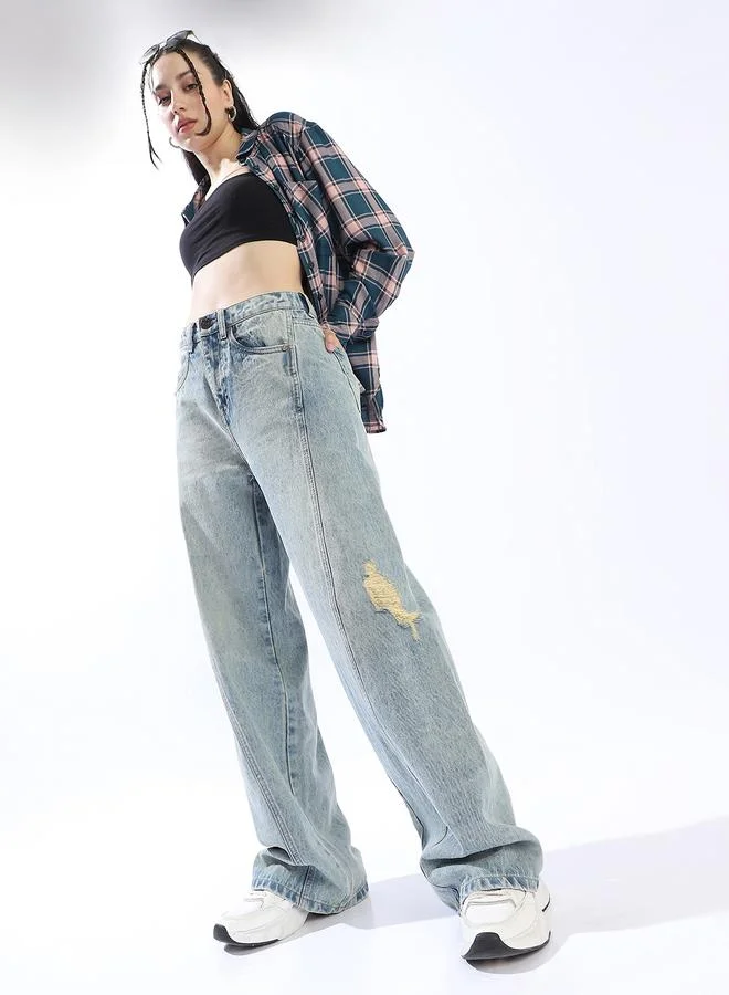 Women's Blue 100% Cotton Distressed Pattern Full Length Denim Wide Leg Jeans