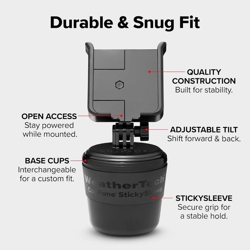 WeatherTech CupFone, Universal Cup Holder Phone Mount for Cars – Adjustable & Secure Fit with Open Access for Charging – Compatible with iPhone, Android - Metal Knobs, Black - Image 2