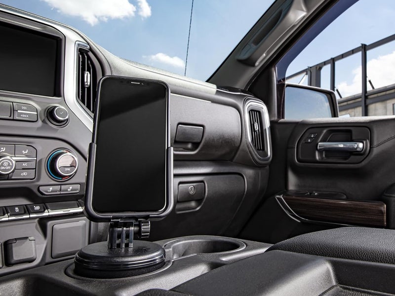 WeatherTech CupFone, Universal Cup Holder Phone Mount for Cars – Adjustable & Secure Fit with Open Access for Charging – Compatible with iPhone, Android - Metal Knobs, Black - Image 1