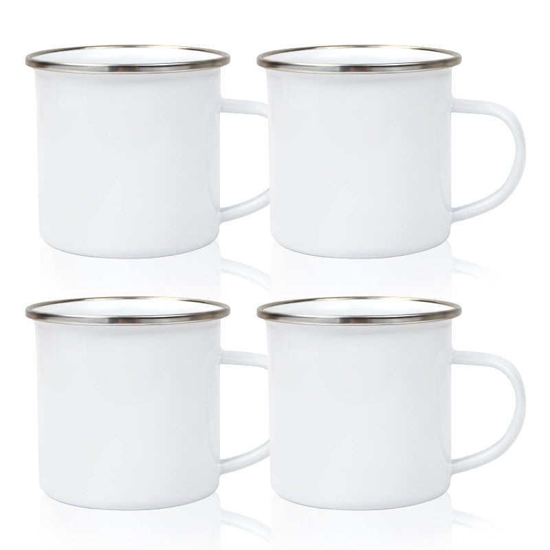 MAIKESUB 4 Pcs Sublimation Blank White Enamel Mug 12 OZ with Silver Rim Camping Travel Coffee Metal Mug Can be used as a gift for Christmas Thanksgiving Mothers Day Fathers Day
