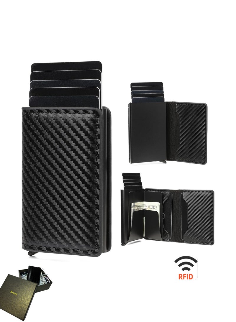 أروى محفظة بطاقات الائتمان ، رجل محفظة حامل بطاقة ل الحد الأدنى محفظة جيب تتفاعل حجب الجلود المنبثقة الألومنيوم محفظة للرجال الهدايا (الكربون) - Image 1