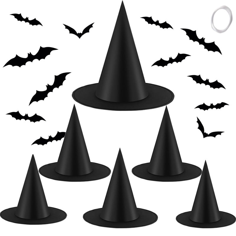 Tmflexe 6 Halloween Witch Hats Costume Accessories Party Decorations for Halloween Party Cosplay Christams Holiday Carnivals Hats 12pcs 3D Decoration Bats DIY Sticker with 1968 Feet Hanging Rope - Image 2