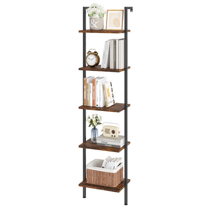 ELYKEN Ladder Shelf 5Tier Wood Wall Mounted Bookshelf with Metal Frame Vintage Open Display Organizer Rack Leaning Storage Shelves for Living Room Bedroom Home Office Rustic Brown