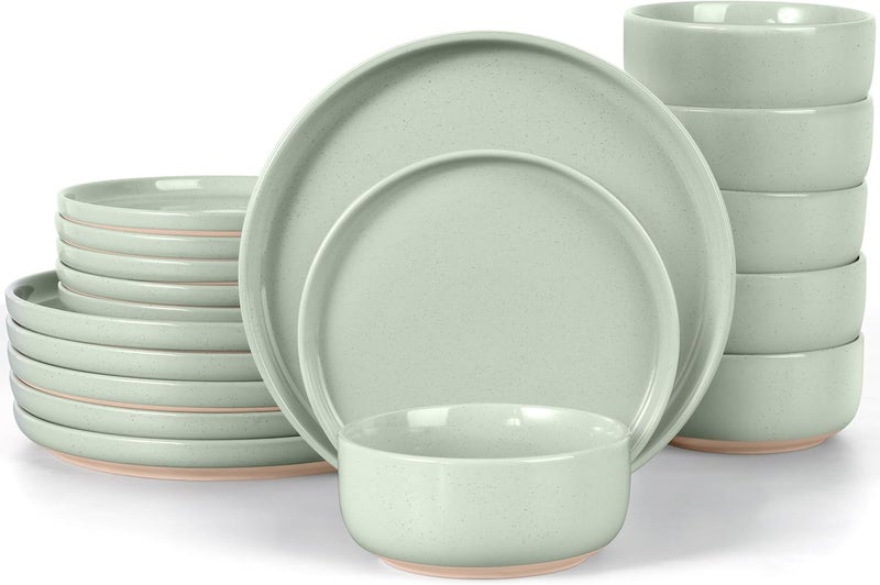 LIANYU Plates and Bowls Sets 18 Piece Modern Speckled Dinnerware Set China Dinnerware Dishes Service for 6 Scratch Resistant  Dishwasher Safe Fog Green - Image 1