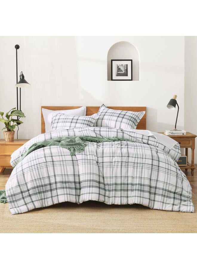 Andency Green White Plaid Comforter Set Twin(66x90 Inch), 2 Pieces Preppy Grid Gingham Stripes Bedding Comforter Sets for Boys Girls Kids, Green Line Soft Lightweight Geometric Reversible Bed Set - Image 2