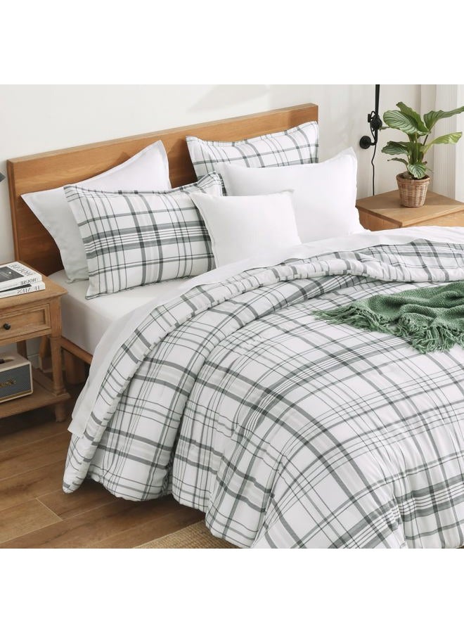 Andency Green White Plaid Comforter Set Twin(66x90 Inch), 2 Pieces Preppy Grid Gingham Stripes Bedding Comforter Sets for Boys Girls Kids, Green Line Soft Lightweight Geometric Reversible Bed Set - Image 1