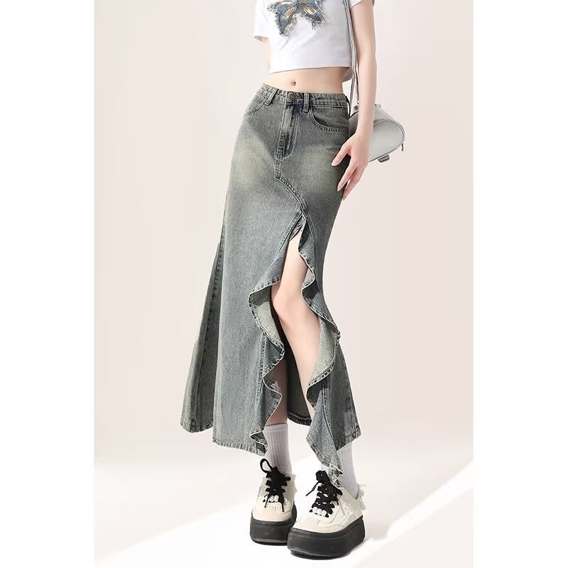 Retro Mid-length Denim Skirt Women's Spring and Summer Design Irregular Wave Split High Waist Fishtail Skirt