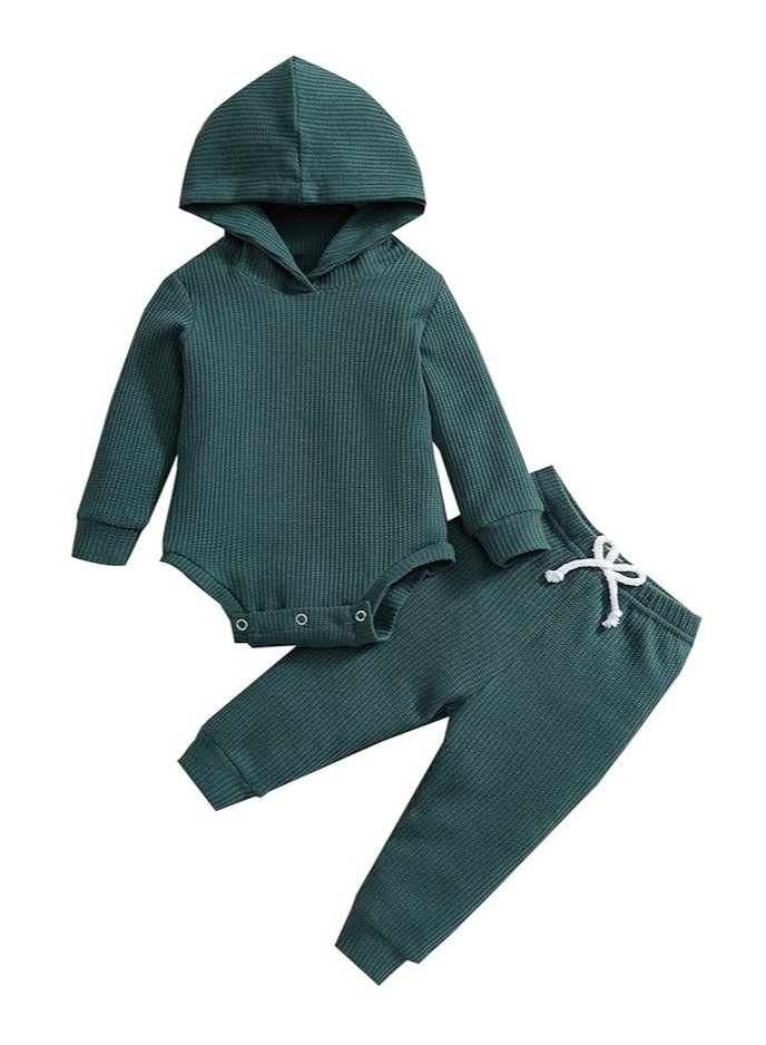 Newborn Unisex Baby Clothes Set Hooded Long Sleeve Bodysuit Stretchy Pants Ribbed Outfits Fall Winter - Image 1