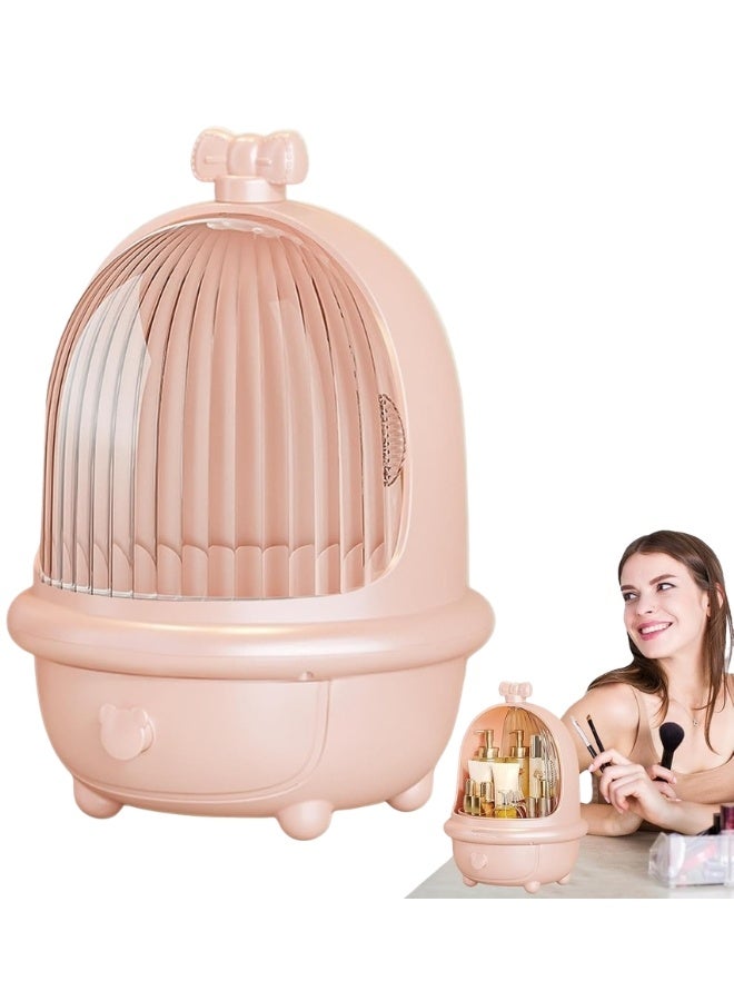 منظم مستحضرات التجميل بغطاء شفاف مقاوم للغبار مع قاعدة داخلية دوارة 360° ودرج سفلي – صندوق تخزين مكياج ومنتجات العناية بالبشرة متعدد الأقسام لطاولة الزينة والحمام وغرفة النوم، لحفظ الكريمات والسيرومات والعطور وأحمر الشفاه والإكسسوارات، لون وردي - Image 1
