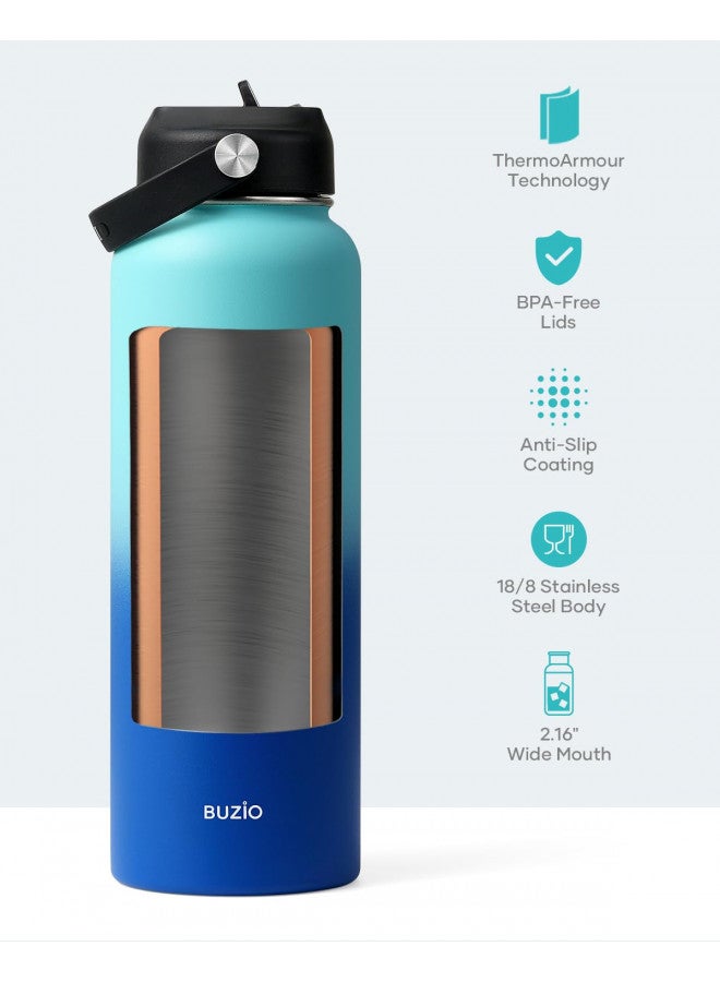 BUZIO Double Wall Stainless Steel Sports Wide Mouth Water Bottle, BPA-Free Flex Cap and Straw Lid, 40 Ounces & 32 Ounces Water Bottle, Sea Breeze - Image 4