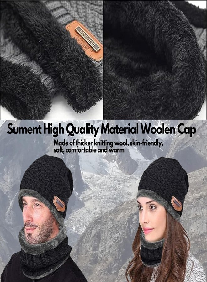 Sument Woollen Winter Beanie Cap with Neck Mufler Warmer Set for Men Women Slouchy Knitted Ultra Soft Elastic Warm Knit Skull Cap & Neck Mufler with Thick Lining for Winters and Snowboarding (Black) - Image 2