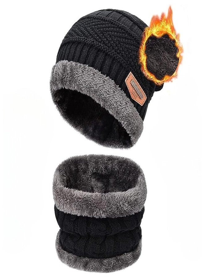 Sument Woollen Winter Beanie Cap with Neck Mufler Warmer Set for Men Women Slouchy Knitted Ultra Soft Elastic Warm Knit Skull Cap & Neck Mufler with Thick Lining for Winters and Snowboarding (Black) - Image 1