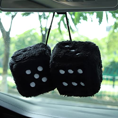 Soleebee Pair Fuzzy Plush Dice Car Hanging Ornament, White with Black Dots Soft Plush Dice Car Decoration Car Rear View Mirror Hanging Accessories (Black B) - Image 4