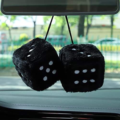 Soleebee Pair Fuzzy Plush Dice Car Hanging Ornament, White with Black Dots Soft Plush Dice Car Decoration Car Rear View Mirror Hanging Accessories (Black B) - Image 3
