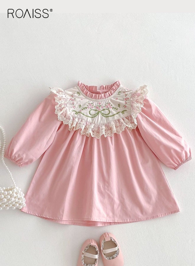 رويس فستان بنمط A لفتيات صغيرات مع ياقة قائمة وأكمام منفوشة، فستان أنيق مطرز للفتيات الصغيرات، فستان بأكمام طويلة وأزرار في الخلف، مناسب للارتداء اليومي أو أي مناسبة - Image 2