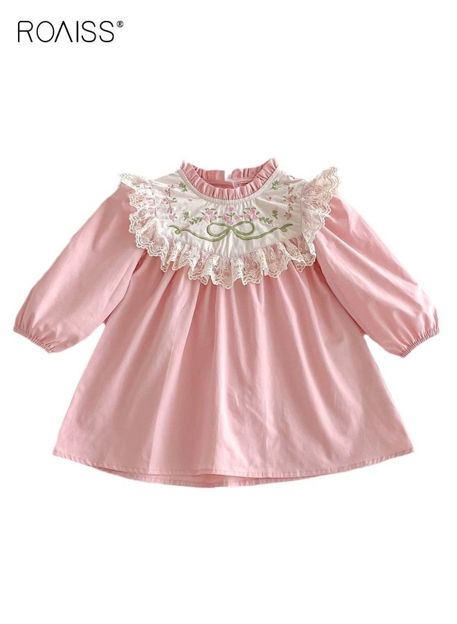 رويس فستان بنمط A لفتيات صغيرات مع ياقة قائمة وأكمام منفوشة، فستان أنيق مطرز للفتيات الصغيرات، فستان بأكمام طويلة وأزرار في الخلف، مناسب للارتداء اليومي أو أي مناسبة - Image 1