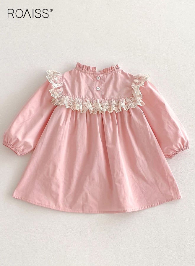 رويس فستان بنمط A لفتيات صغيرات مع ياقة قائمة وأكمام منفوشة، فستان أنيق مطرز للفتيات الصغيرات، فستان بأكمام طويلة وأزرار في الخلف، مناسب للارتداء اليومي أو أي مناسبة - Image 3