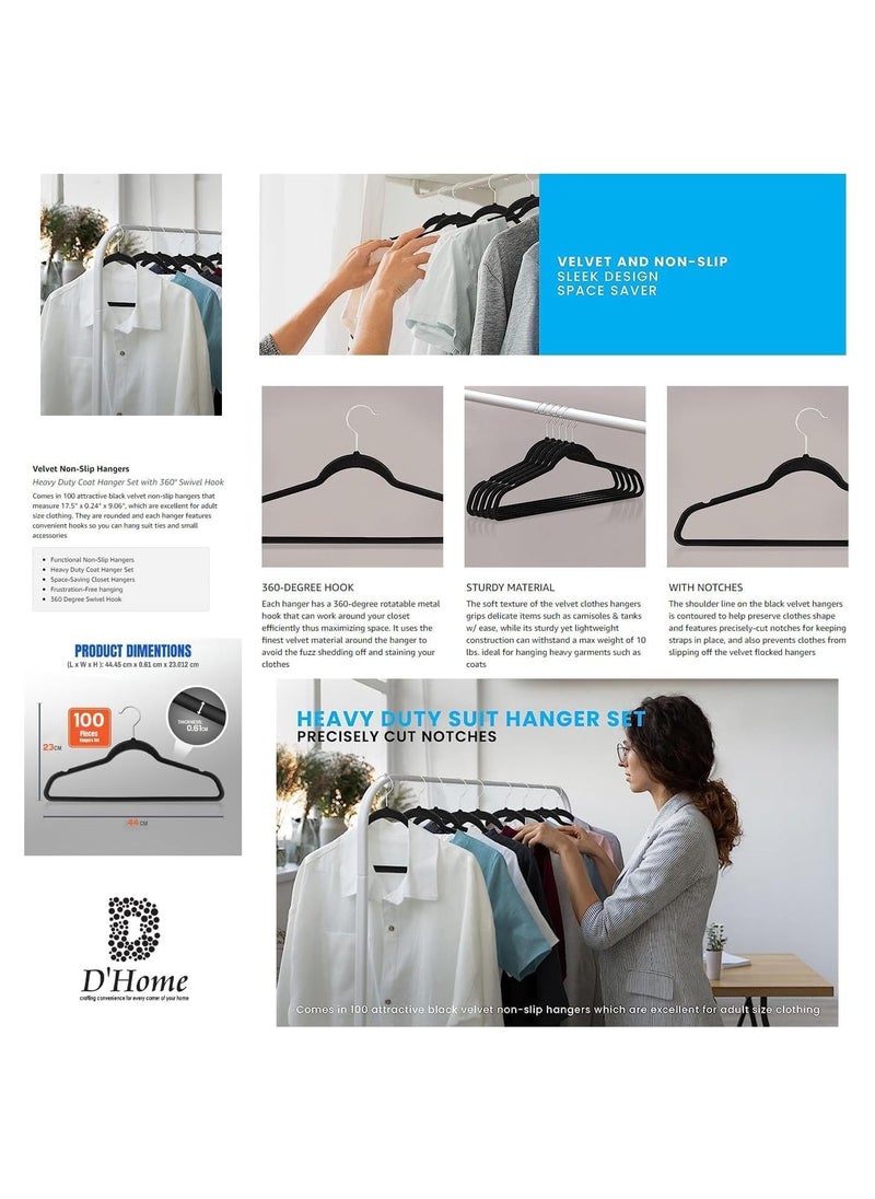 D'HOME D'Home Non-Slip Velvet Hangers – Ultra-Thin Suit Hangers with 360° Swivel Hook – Strong & Space-Saving Clothes Hangers for Kandora, Abaya, Kaftan – Hold Up to 10 lbs – Black (Pack of 50)  - Image 3