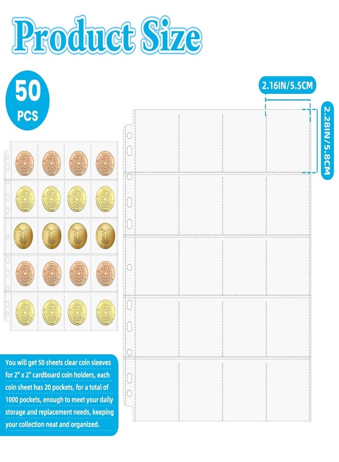 VOKOY 1000 Pockets Coin Pages, 50 Sheets Clear Coin Sleeves for 2" x 2" Cardboard Coin Holders Plastic Stamp Collection Supplies Organizer Sheet Protective Photo Slide Pages for Collectors - Image 2