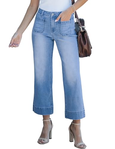 luvamia Wide Leg Jeans for Women Trendy High Waisted Flare Jeans Cropped Denim Pants Stretchy Baggy with Patch Pockets Womens Jeans High Waisted Jeans for Women Medium Blue Size Medium Size 8 Size 10 - Image 1