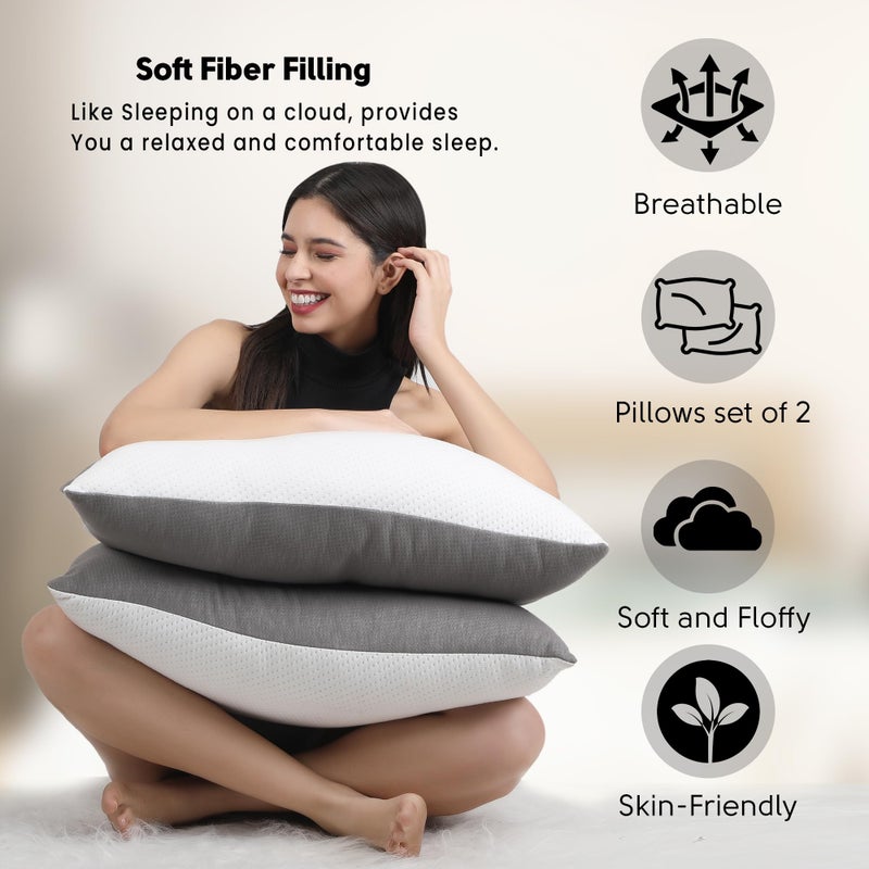 AVI AVI Hollow Fiber Ultra Soft Jersey Height Adjustable Sleeping Pillow with Zip | Set of 2 (White and Grey, 27 X 16 Inches) | 3 Months Warranty  - Image 3
