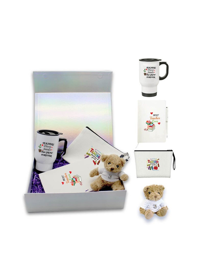 برينت شوب فور مي مجموعة هدايا تقدير المعلم المكونة من 4 قطع - كوب سفر، وحقيبة مستحضرات تجميل، ومجموعة كومبو تيدي بير - هدية شكر للمعلم - هدية لعيد المعلم، والموجهين، والمعلمين - Image 1