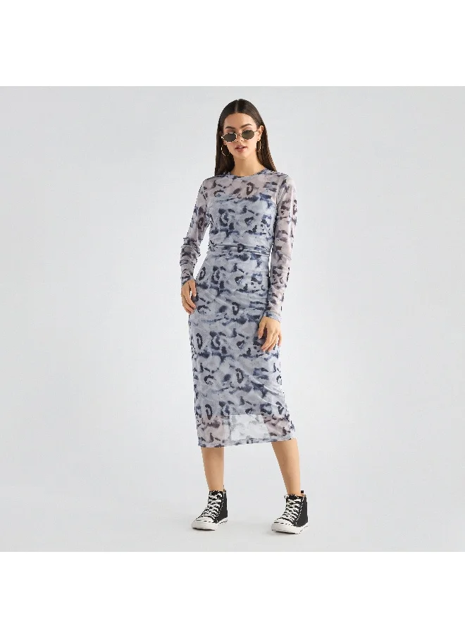 FAV Printed Bodycon Dress with Long Sleeves and Slit Detail